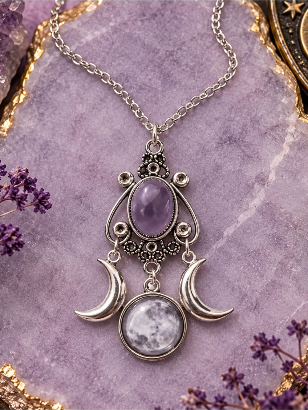 Silver Moon & Amethyst Pendant Necklace - Purple Gemstone